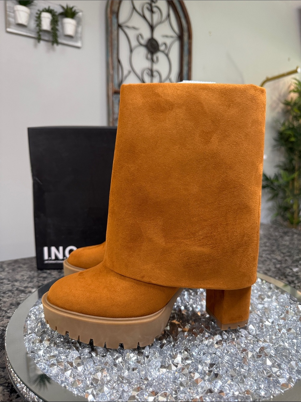 INC International Concepts skirted Platform Ankle Boots in cognac NWT 8